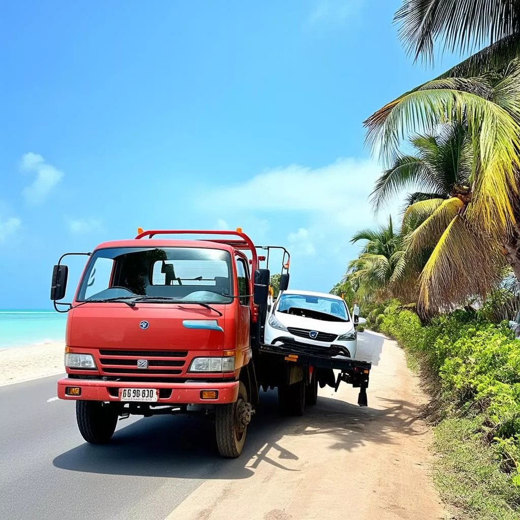Xe cứu hộ đang kéo một chiếc ô tô con bị hỏng trên đường ở Phú Quốc