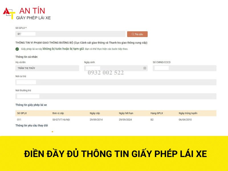 Điền thông tin hồ sơ dịch vụ đổi bằng lái xe ô tô