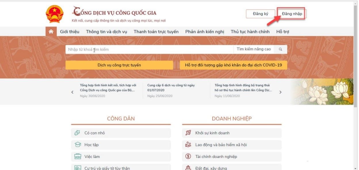 Giao diện đăng nhập Cổng Dịch vụ công Quốc gia để đổi bằng lái xe ô tô