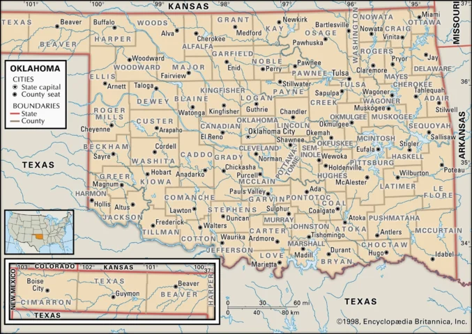 Bản đồ các hạt và thành phố của Oklahoma