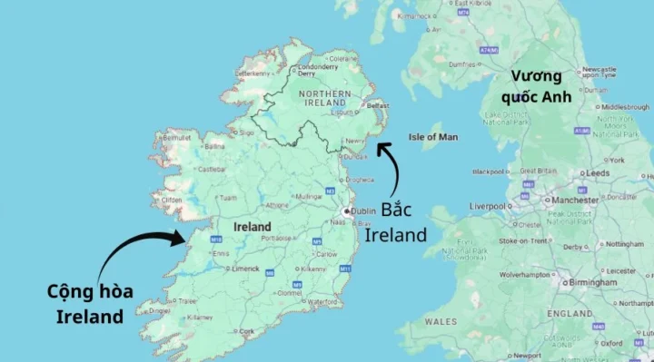 Bản đồ đảo Ireland thể hiện sự phân chia chính trị