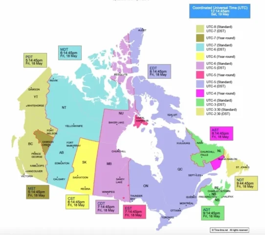 Bản đồ các múi giờ ở Canada