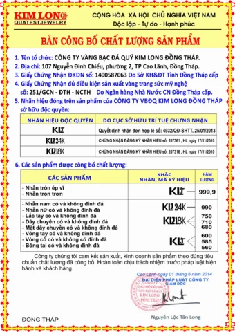 Bảng công bố chất lượng sản phẩm vàng Kim Long